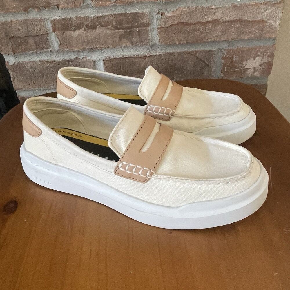 Cole Haan Womens Grandpro Rally Canvas Penny Loafers Size 6 Ivory / Tan New